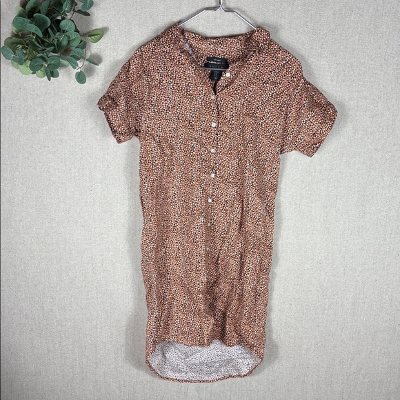 Tahari > Brown and White Patterned Button Up Linen Shirt Dress Extra Small - Picture 1 of 7